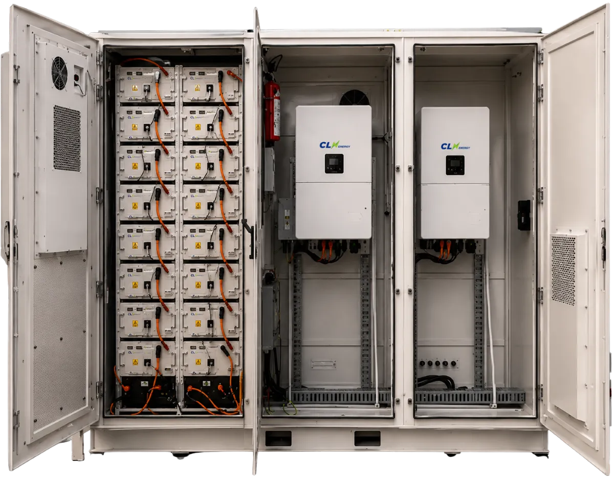 CLN All-in-One cabinet interior — lithium battery modules, twin hybrid inverters, cooling and aerosol fire suppression